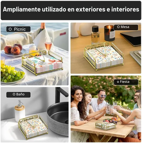 Vista 7 de Servilletero para mesa, dispensador de servilletas plano con brazo con peso, soporte cuadrado de papel de cóctel de elegante hierro rústico para Oro