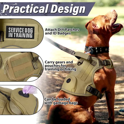Vista 3 de Arnés táctico para perros grandes, chaleco de servicio militar resistente sin tirones con asa de control y 4 parches, arnés ajustable reflectante