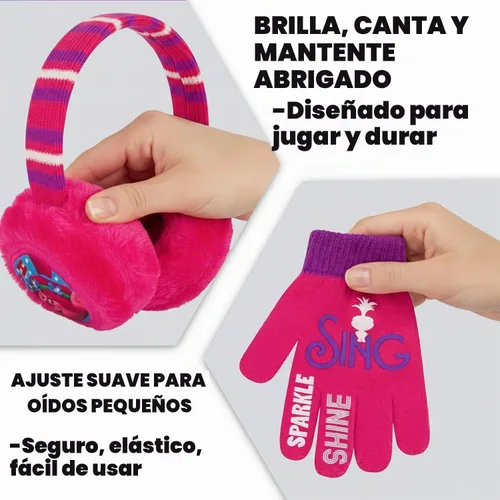 Vista 3 de DREAMWORKS TROLLS Conjunto de gorro de invierno y guantes para niñas, bufanda o orejeras, amapola para edades de 4 a 7 años