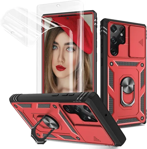 Vista 17 de Jeylly Funda para Galaxy A12 con cubierta deslizante para cámara, protector de pantalla de vidrio templado, protección híbrida de policarbonato duro