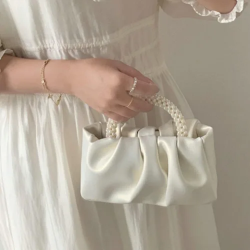 Vista 7 de Bolso de noche para mujer, con perlas, elegante, fruncido, para noche, hobo, bolso cruzado para boda, fiesta, baile de graduación 2023