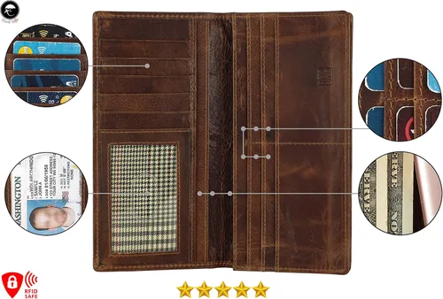 Vista 3 de Mou Meraki Cartera larga plegable de cuero genuino para hombre con bloqueo RFID