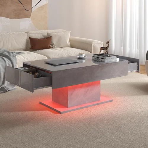Vista 10 de HedoAjim - Mesa de café negra con LED y 2 cajones de almacenamiento para sala de estar, mesa rectangular de centro para sala de estar, mesas de café