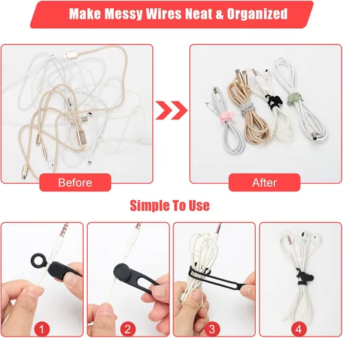 Vista 6 de Catcan - 24 bridas de silicona reutilizables para cables eléctricos, correas organizadoras de cables elásticos multiusos para agrupar cables