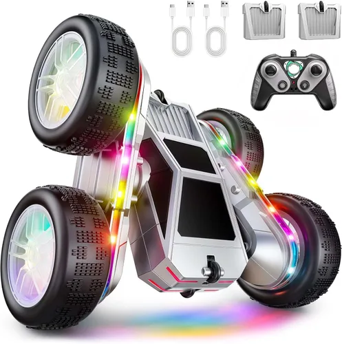 Vista 10 de Auto a control remoto, auto de acrobacias RC de 360° con rotación y giros con carga USB-C, batería modular, 4WD, autos RC con tiras de luces LED