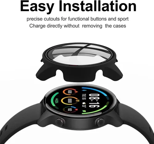 Vista 3 de Paquete de 2 fundas con protector de pantalla de vidrio templado compatible con Xiaomi Mi Watch, dureza 9H 360°, carcasa de PC completa negra +