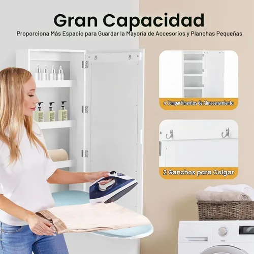 Vista 4 de Armario de tabla de planchar montado en la pared con estantes de almacenamiento y puerta, tabla de planchar plegable integrada, estación