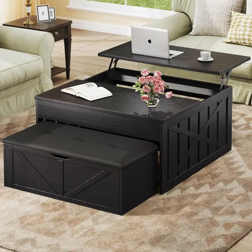 Vista 11 de HUAHUU Mesa auxiliar elevable, cuadrada de 31.5 pulgadas, con almacenamiento, mesa de centro con compartimento oculto grande, mesa central con mesa
