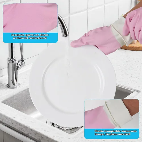 Vista 4 de Household Rubber Gloves Non-Slip Dishwashing Cleaning for Kitchen & Bathroom Reusable (2 Pairs Pink+Blue)