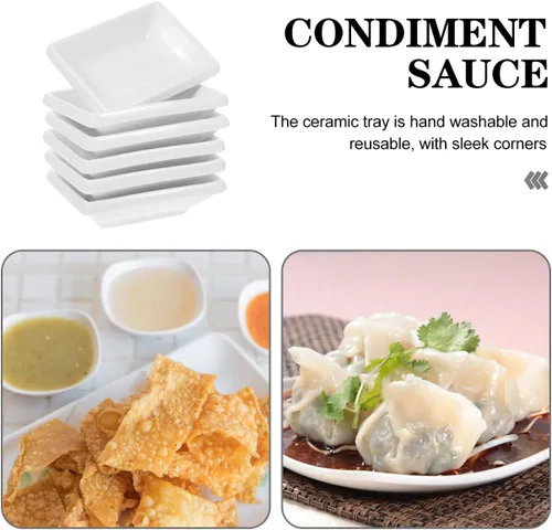 Vista 6 de Cabilock 6 cuencos de cerámica para salsa, platos de salsa de soja blanca de 3.3 pulgadas, platos rectangulares pequeños para condimentos