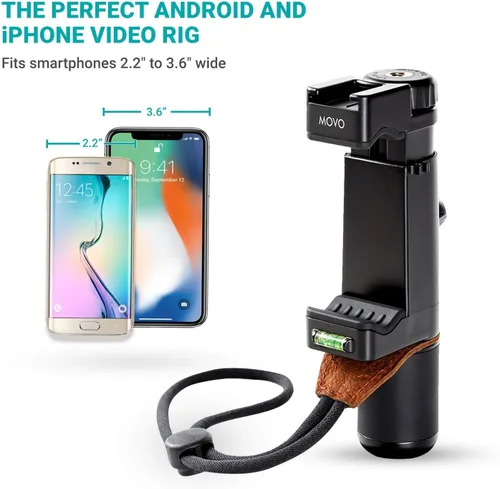 Vista 3 de Movo Soporte de video para teléfono inteligente con micrófono de escopeta, mango de agarre, correa de muñeca para iPhone 5, 5C, 5S, 6, 6S, 7, 8, X