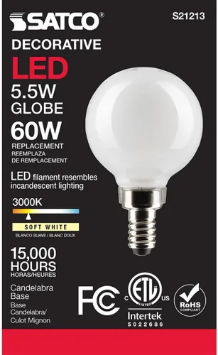 Vista 5 de Satco Bombilla LED E12 de 5.5 W, 3000 K, clasificación de 15000 horas, regulable