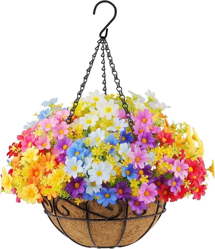 Vista 3 de Flores artificiales colgantes al aire libre con canasta, colgador de plantas, 12 piezas de flores falsas, resistentes a los rayos UV, gypsophila