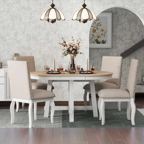 Vista 13 de Harper & Bright Designs Juego de mesa redonda de 5 piezas con estante, mesa de comedor familiar de madera