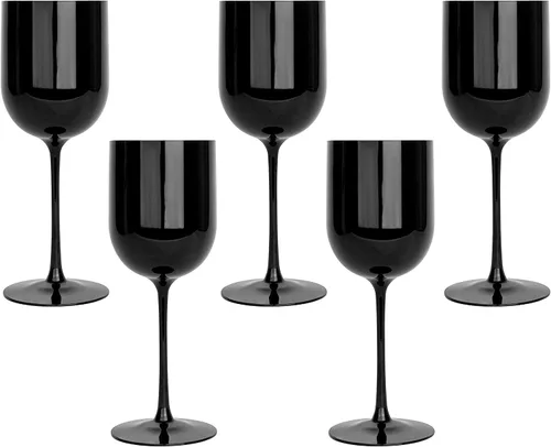 Vista 7 de PLASTICPRO Juego de 5 copas de vino de plástico con borde dorado, elegantes copas de vino de plástico duro en tallo de 12 onzas