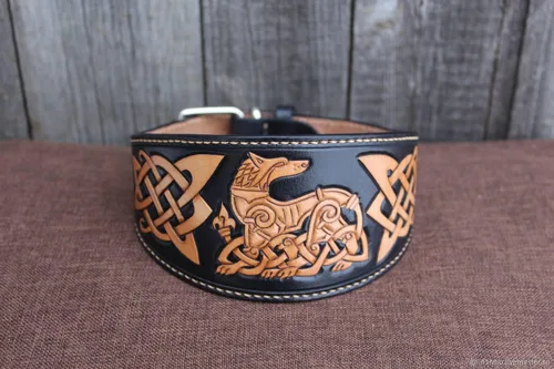 Vista 2 de Vikingo, nudo celta, nórdico, escandinavo, collar de cuero ajustable, collar de perro de cuero acolchado, Collar de perro de cuero genuino 3D hecho