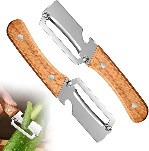 Vista 9 de Pelador de verduras multifuncional, hoja de acero inoxidable con mango de madera para frutas y verduras (1 unidad)