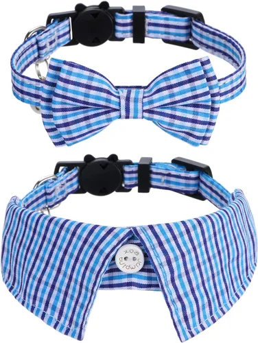 Vista 8 de Faleela Juego de 2 collares de gato con corbata de moño y campana, collar de camisa a cuadros para gatito ajustable de seguridad