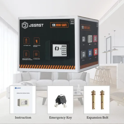 Vista 6 de Jssmst Caja de seguridad pequeña para dinero, mini caja fuerte de 0.23CF con teclado electrónico, caja con cerradura para seguridad del hogar