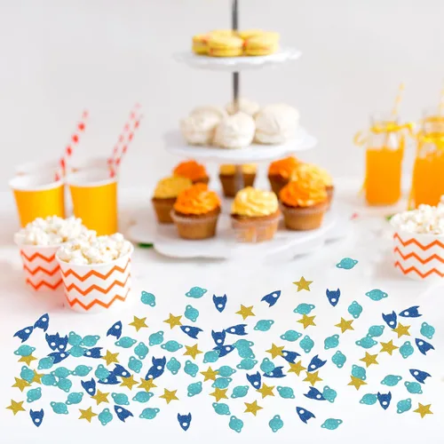 Vista 4 de Confeti con purpurina de cumpleaños con temática espacial, confeti de mesa espacial de estrella de cohete, dispersión de papel para baby shower
