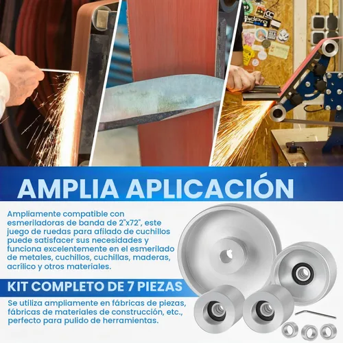 Vista 3 de Juego completo de ruedas de amoladora de correa de 2 x 72 pulgadas, rueda de aluminio coronada para amoladora de cuchillos de 5 pulgadas, diámetro