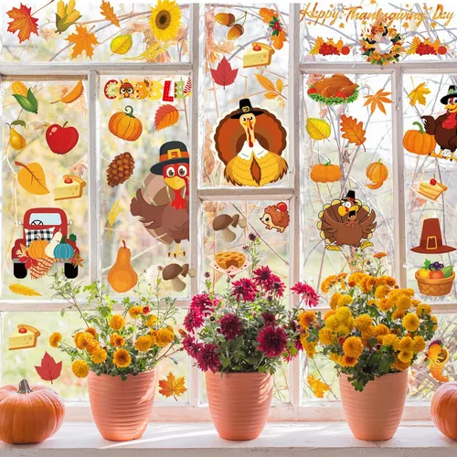 Vista 6 de Decoración de Acción de Gracias para ventana, 10 hojas de calcomanías de ventana de Acción de Gracias para niños, hogar, oficina, aula, fiesta
