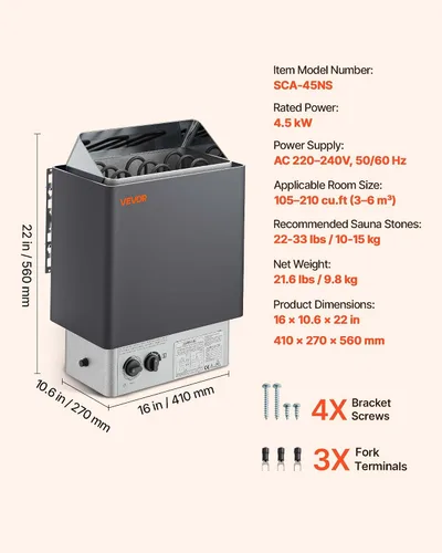 Vista 7 de VEVOR - Calefactor de sauna, estufa eléctrica de sauna de 220V, calentador de sauna para baño de vapor con temporizador de 3h y temperatura