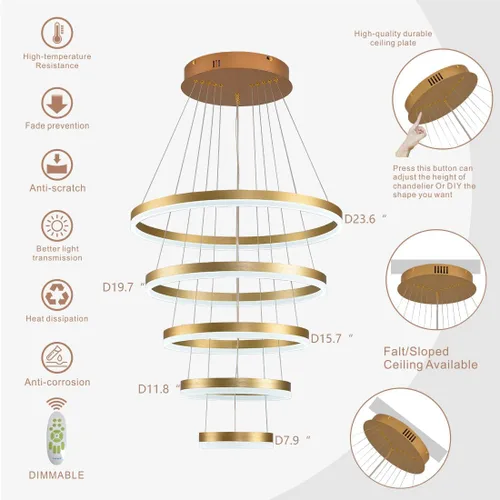 Vista 4 de Candelabro moderno dorado de 5 anillos regulable LED, altura ajustable para colgar en el techo para comedor cocina