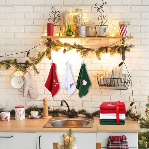 Vista 6 de Toallas de mano navideñas de gran tamaño para baño, 15 x 24 pulgadas, paquete de 3, toallas de cocina de algodón navideñas, juegos de toallas