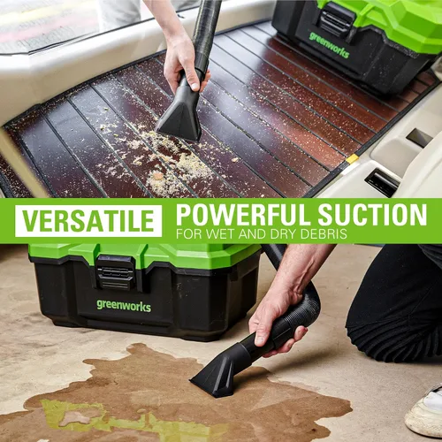 Vista 4 de Greenworks Aspiradora inalámbrica de 24 V sin escobillas de 3 galones con manguera, herramienta para hendiduras, boquilla de piso, batería de 4.0 Ah