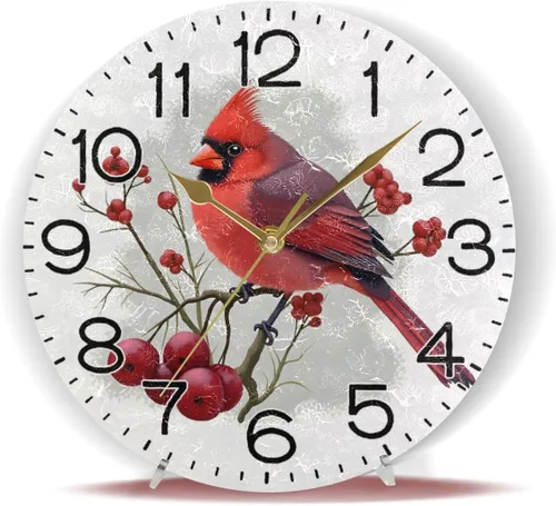 Vista 6 de ALAZA Reloj de pared cardenal de pájaro rojo de invierno, funciona con pilas, sin tictac, de cuarzo, analógico, rústico, rústico, reloj redondo