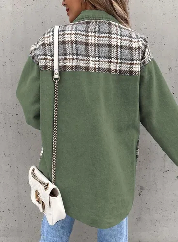 Vista 2 de SHEWIN Chaqueta vaquera de manga larga para mujer, a cuadros, con botones, para otoño 2023