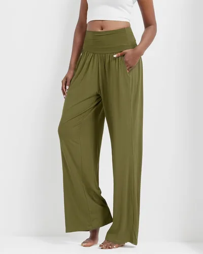 Vista 2 de Pantalones de yoga casuales sueltos de pierna ancha para mujer, pantalones de yoga de cintura alta, cómodos y suaves, pantalones de yoga Palazzo