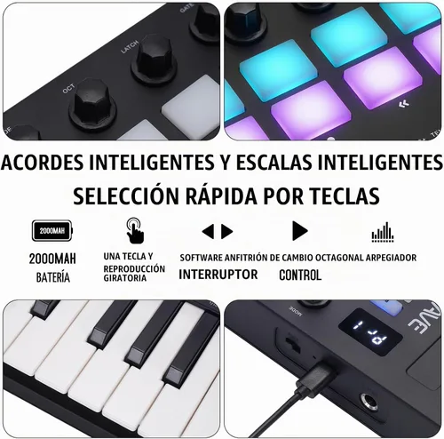 Vista 5 de M-VAVE Controlador de teclado USB MIDI de 25 teclas con 16 almohadillas de batería retroiluminadas, Bluetooth, teclado dinámico semi-pesado 16