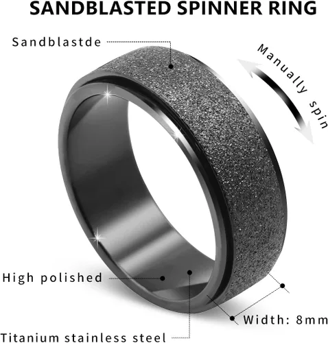 Vista 3 de Anillo giratorio para ansiedad para hombres, acero inoxidable, anillos de ansiedad para mujeres y hombres, 0.315 pulgadas de ancho, color negro
