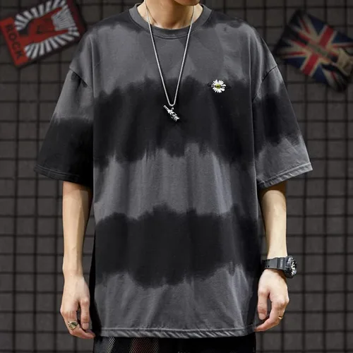 Vista 3 de Camiseta de gran tamaño con diseño de teñido anudado para hombre, diseño de margaritas, ropa de calle, hip-hop, manga corta, camiseta indie