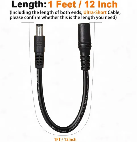 Vista 4 de Cable de extensión de alimentación CC corto de 1 pie, 0.2 in x 0.1 in, cable de extensión de 12 V, cable de extensión de CC macho a hembra, cable
