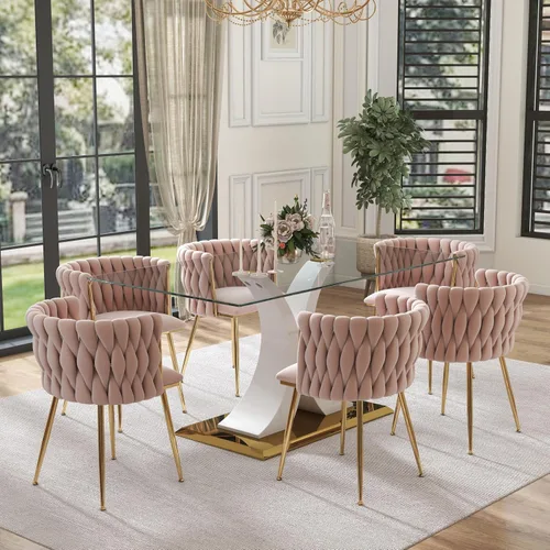 Vista 31 de Juego de comedor moderno de vidrio de lujo de 5 piezas, juego de cena rectangular minimalista grande para 4, juego de mesa de cocina de vidrio