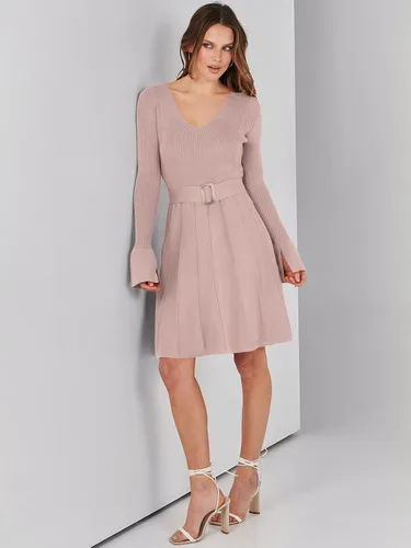 Vista 9 de ANRABESS Vestido tipo suéter de manga larga con cuello en V y lazo en la cintura, plisado, acampanado, elegante, de punto acanalado, vestido midi
