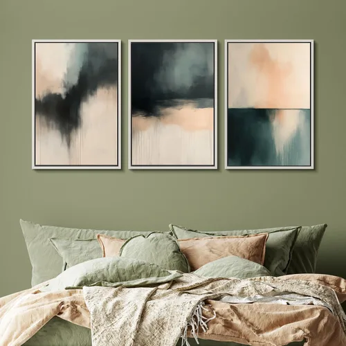 Vista 350 de SIGNFORD - Set de obras de arte en lienzo enmarcado para pared, ilustraciones abstractas de neblina del desierto en tonos neutros beige y marrón