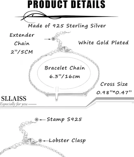 Vista 3 de Sllaiss Pulsera religiosa de plata de ley 925 con cruz lateral para mujeres y hombres, joyería de cruz, pulsera cristiana, cadena de eslabones