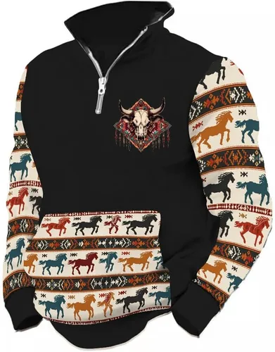 Vista 5 de LOAIHA Native American - Sudadera con capucha para hombre, manga larga, cremallera de 1/4, chaqueta vaquera
