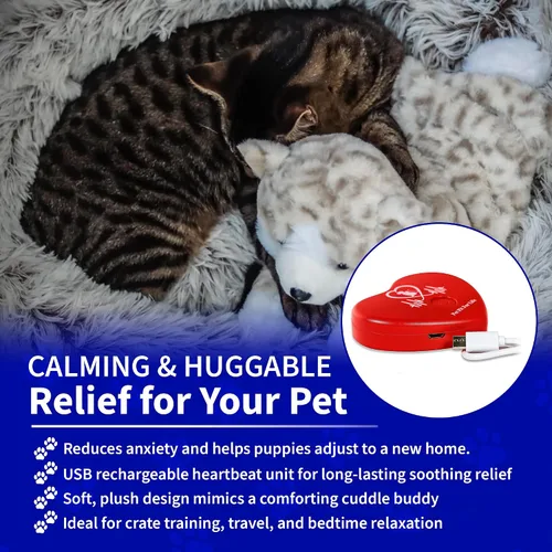 Vista 4 de Pet Fit For Life Animal de peluche para gatos – Ayuda calmante para dormir con latidos cardíacos recargables por USB y paquete de calor para aliviar