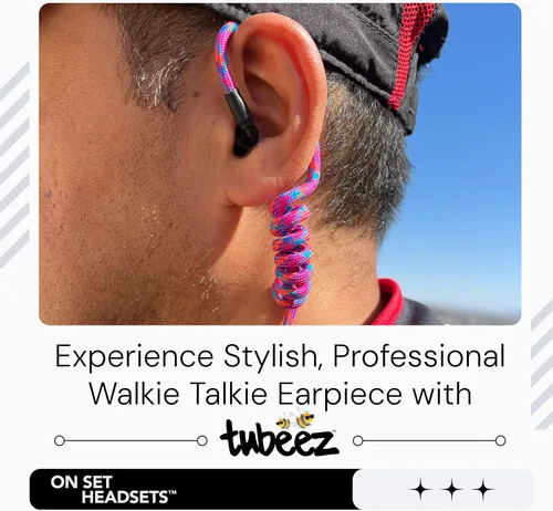 Vista 2 de Tubeez Walkie Talkie Auricular con tapones negros para los oídos – Tubo roscado de bloqueo de humedad que se adapta a cualquier auricular de radio