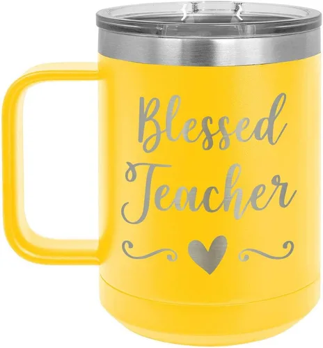 Vista 12 de BLESSED TEACHER Negro 15 oz Taza de café w/tapa deslizante Taza de café de viaje aislada Ideas de regalos de cumpleaños o Navidad de mujeres u