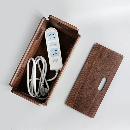 Vista 5 de Black Walnut Cable Management Box - Large Organizer for Power Strips & Cords - Wooden Design - 12.2 x 5.9 x 5.1 inches - Durable & Stylish Storage