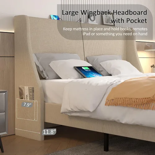 Vista 4 de VECELO Base de cama Queen con cabecera tapizada con respaldo alado, base de cama de plataforma resistente con estación de carga y bolsillos Beige