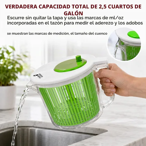 Vista 8 de Cooler Kitchen Pequeño plato giratorio para ensaladas, mini centrifugador y secadora de lechuga con tazón de taza medidora, lavadora compacta