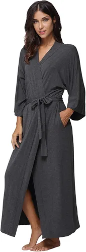 Vista 3 de Bata de baño larga estilo quimono de algodón suave para mujer, colores lisos.