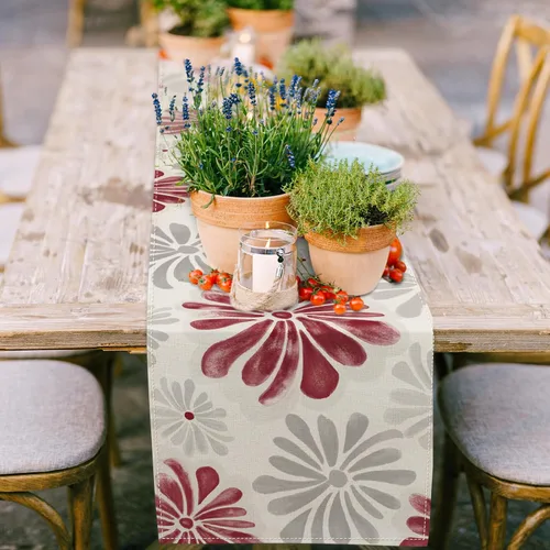 Vista 2 de AnyDesign Camino de mesa floral acuarela con flores rojas y grises, decoración de mesa de comedor, cubierta rústica para interiores y exteriores